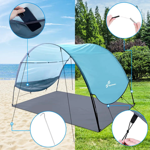 Beach Tent Sun Shelter Canopy With UPF 50 Protection, Comes With 8 Wind Ropes And 12 Ground Stakes, Perfect For Beach Camping, Light Blue