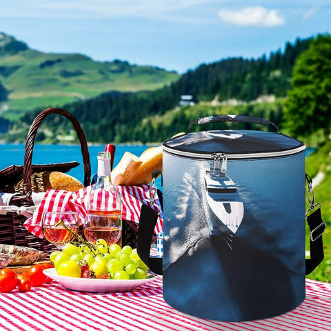 Yacht Print Insulated Cooler Bag For Travel And Outdoors at a picnic with food on checked tablecloth