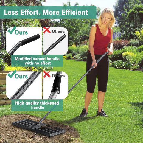 Woman using Lawn Leveling Rake 30x10 Heavy Duty with Anti Rust Coating and Adjustable Handle for yard work