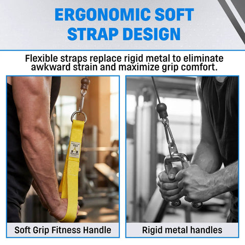 Heavy Duty Cable Machine Strap Attachment for Upper Body Training showing ergonomic soft strap vs rigid metal handle