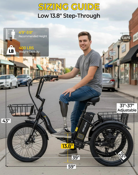 Powerful 1000W Peak Electric Trike For Adults Folding 20-Inch Three-Wheel E-Trike With Step-Through Frame Removable 624Wh Battery Large Basket Black Cruiser Pro For City Streets And Light Trails sizing guide showing rider fit and dimensions