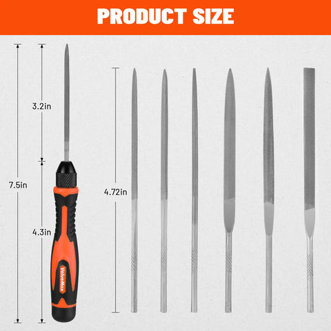 Image showing the 7 Piece Interchangeable Needle File Set with flat, warding, round, half round, square files, and handle dimensions.