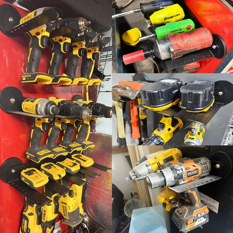 Magnetic Power Tool Organizer With 3 Slot Utility Rack, Wall Mount Heavy Duty Cordless Drill Holder And Removable Tool Tray For Garage, Workshop, And Warehouse, Keeps Tools Handy And Tidy. Wall-mounted steel rack holds cordless drills and bits.