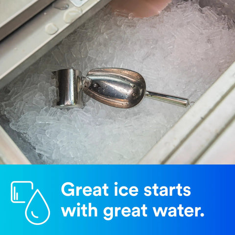 Pro Grade Commercial Ice Maker Water Filtration System Delivers 1.5 GPM, 9,000 Gallon Capacity in ice machine with metal scoop