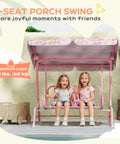 Kids 2 Seater Patio Porch Swing With Adjustable Canopy And Safety Belt Pink Butterfly Pattern Hanging Swing Bench for Garden and Backyard Sturdy Steel Frame With Non Slip Feet. Two children sitting happily.
