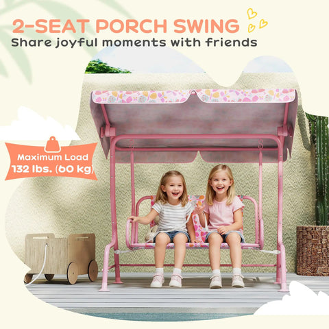 Kids 2 Seater Patio Porch Swing With Adjustable Canopy And Safety Belt Pink Butterfly Pattern Hanging Swing Bench for Garden and Backyard Sturdy Steel Frame With Non Slip Feet. Two children sitting happily.