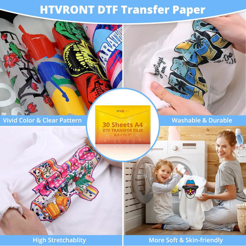Collage showing DTF Transfer Film For Sublimation 30 A4 Sheets 8.3x11.7 Inches used on various colorful fabric prints