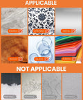 Image showing surfaces applicable and not applicable for adhesive use, including marble, ceramic, and wood.