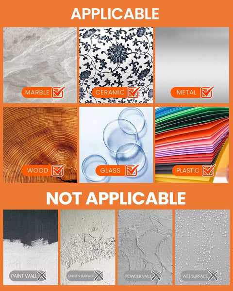 Image showing surfaces applicable and not applicable for adhesive use, including marble, ceramic, and wood.