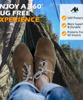 Person in brown shoes relaxing in hammock with Extra Large Hammock Bug Net With Double Sided Zipper 11.15 Ft Long By 5 Ft Wide