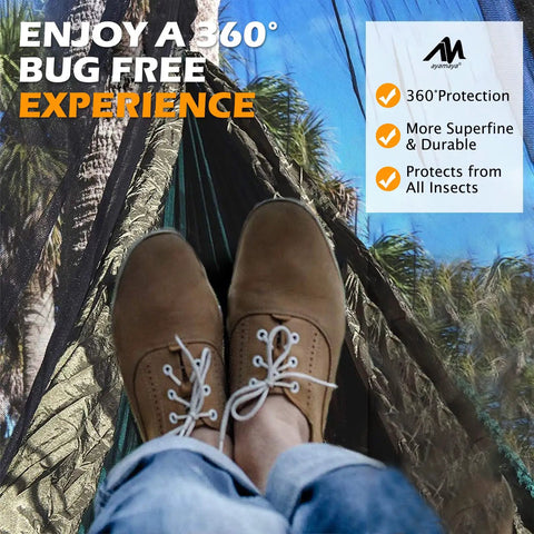 Person in brown shoes relaxing in hammock with Extra Large Hammock Bug Net With Double Sided Zipper 11.15 Ft Long By 5 Ft Wide