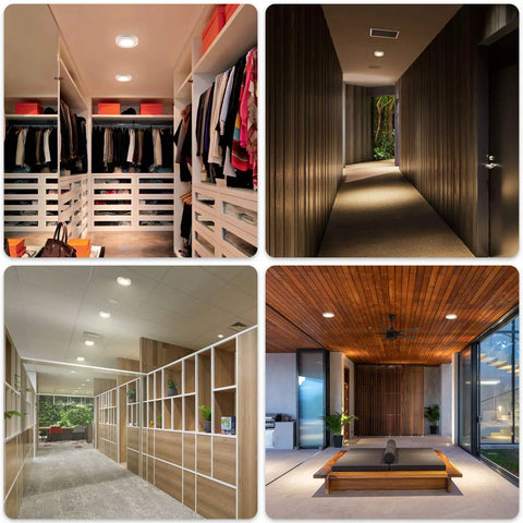 Installation examples of 4 Inch LED Motion Sensor Ceiling Light for Closet, 120V, 600 Lumens, 10W, 5CCT, in various rooms