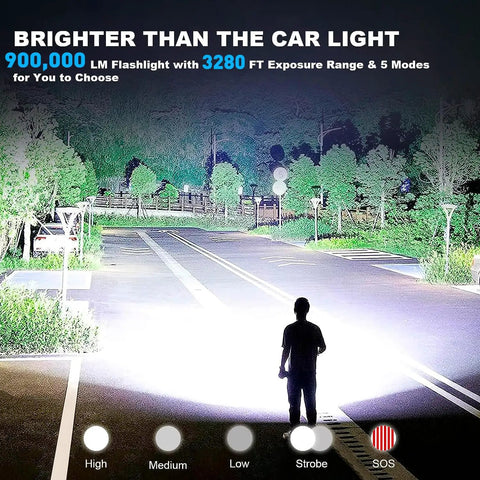 Person using Two Pack Rechargeable LED Flashlights Crazy Bright 990,000 Lumens With Five Modes on a road at night
