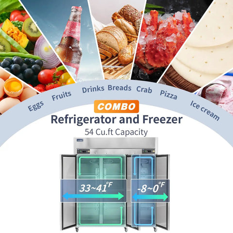 72 Inch Wide Commercial Refrigerator And Freezer Combo Three Doors with 54 Cu.ft capacity for food storage in a kitchen.
