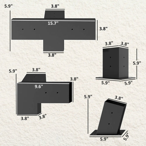 15 Degree Sloped Pergola Kit With 4 Way And 3 Way Corner Brackets, Post Bases And Wall Mounts For 4X4 Lumber Actual 3.6x3.6, 9 Piece DIY Hardware Set With Screws, Black Finish Ready To Build Outdoor Lean To Frame