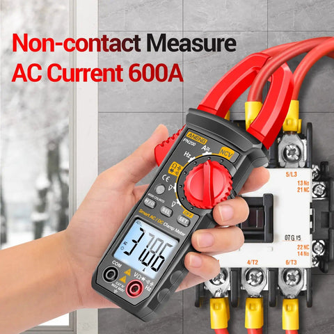 Hand holding All-In-One Digital Clamp Meter Multimeter For AC And DC Current And Voltage NCV Capacitance Resistance Diodes Continuity Frequency Backlit LCD 4000 Counts Handy Pro-Grade Electrician Tool For Quick Troubleshooting against electrical circuit