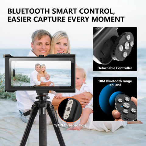 Universal Waterproof Phone Case Fits Iphone Samsung And Android With IP68 Protection Up To 50 Feet Deep shown on a tripod.