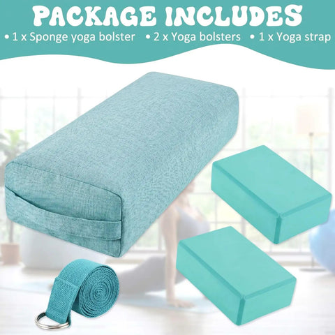 All In One Yoga Bolster Set With Blocks And Strap, Restorative Meditation Kit With Carry Handle, Non Slip, Washable Cover, Durable Sponge Bolster And Two Blocks For Balance, Pilates, Stretching, Green with bolster, two blocks, and strap
