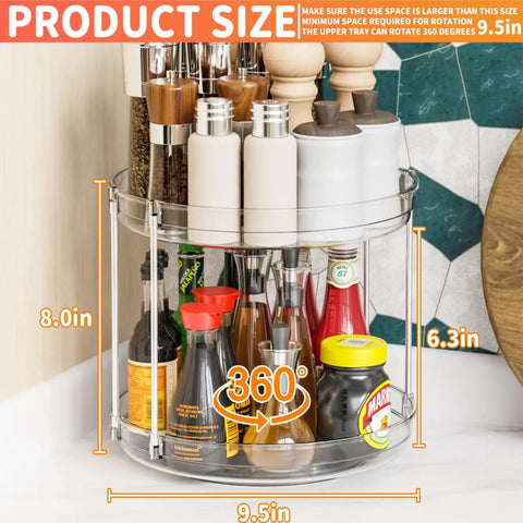 Two Tier Lazy Susan Turntable For Cabinets And Pantry 9.5 Inch Diameter Double Rotating Kitchen Spice Rack with condiments