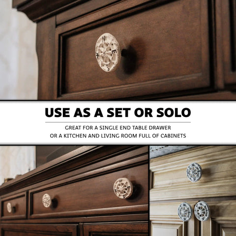 Aged Bronze Compass Rose Drawer Pulls Set Of 12, Durable Cast Iron Cabinet Hardware Knobs for Rustic Home Decor in use on wooden cabinets.