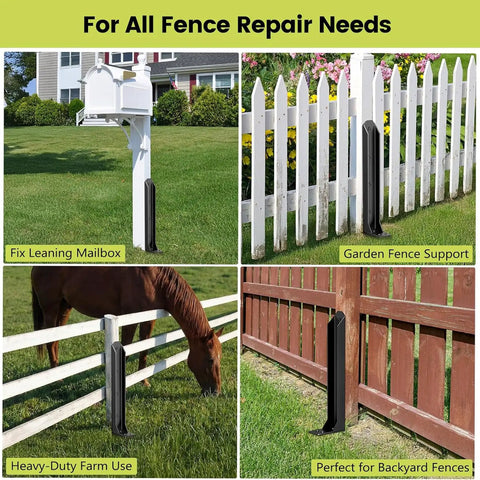 Built Different Heavy Duty Steel Fence Post Anchors And Ground Spikes Repair Kit No Sweat Setup Fixes Leaning Wood Posts With Rust Resistant Black Powder Coating For Durable Yard Care 8 Pack used as fence support in multiple backyard settings.