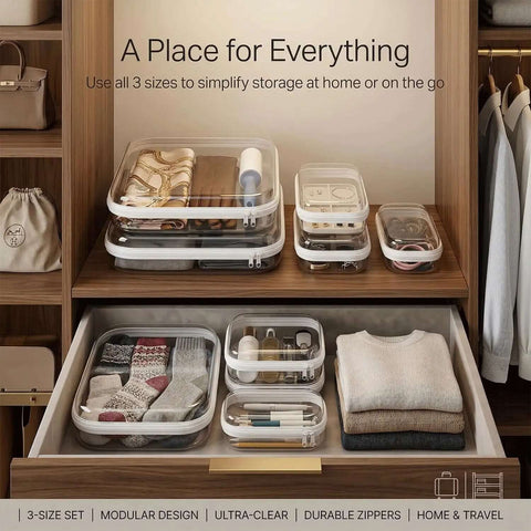 Super Slick Clear Hard Shell Zipper Cases With Rugged Plastic Organization Pouches For Travel Toiletries And Electronics Lock Your Gear Down In This Six Pack Three Size Set Built Damn Tough, organized in a drawer.