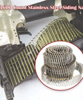 3600 Count 1-1/2 Inch By 0.090 Inch Ring Shank Stainless Steel Siding Nails in coil with nail gun detail