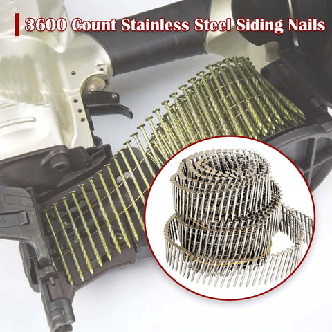 3600 Count 1-1/2 Inch By 0.090 Inch Ring Shank Stainless Steel Siding Nails in coil with nail gun detail