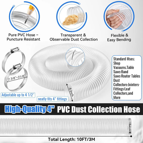 All In One 4 Inch Dust Collection Kit With 10 Ft Clear PVC Hose Includes 4 Inch Y Fitting 4 Inch Blast Gate Flex Cuff Two Steel Thumbscrew Clamps And Two Steel Hose Clamps For Woodshop Vacuum System, showing coiled clear PVC hose and clamps