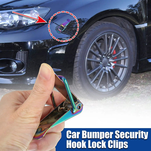 Hand holding multicolor Universal Car Bumper Hook Clips Quick Release Fasteners For Trunk And Bumpers 105x33mm next to car