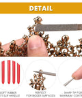 Detail of Miniatures Needle Files Set For Modeling, file smoothing bronze ornament, showing use on intricate surfaces.