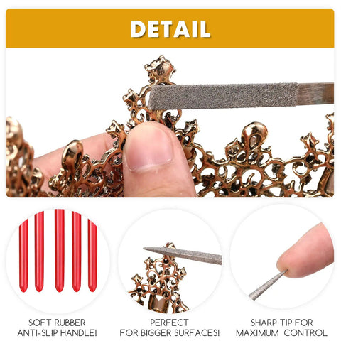 Detail of Miniatures Needle Files Set For Modeling, file smoothing bronze ornament, showing use on intricate surfaces.