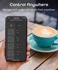 No Fuss Smart Power Strip With Individual Outlet Control displayed on a smartphone, showcasing remote management feature.