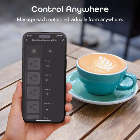 No Fuss Smart Power Strip With Individual Outlet Control displayed on a smartphone, showcasing remote management feature.