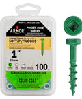 Pro Grade 1 Inch Coarse Thread Pocket Hole Screws 100 Pack With Green Color Coat And Square Drive Great For Softwoods Heavy Duty Woodworking Fasteners For Strong Joints And Easy Precise Assembly packaging and single screw