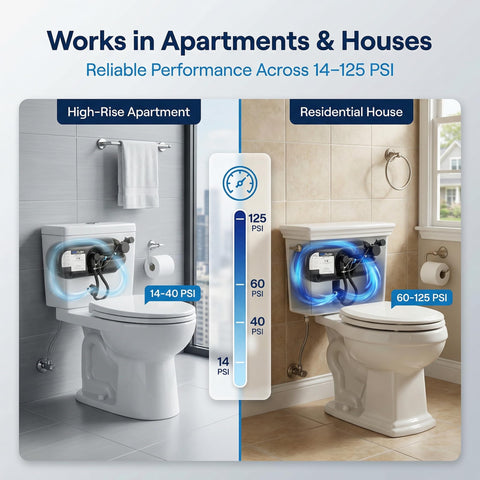 Comparison of high-rise apartment and residential house toilets with Beefy 1.1 GPF Pressure Assisted Flush System Replacement Kit.