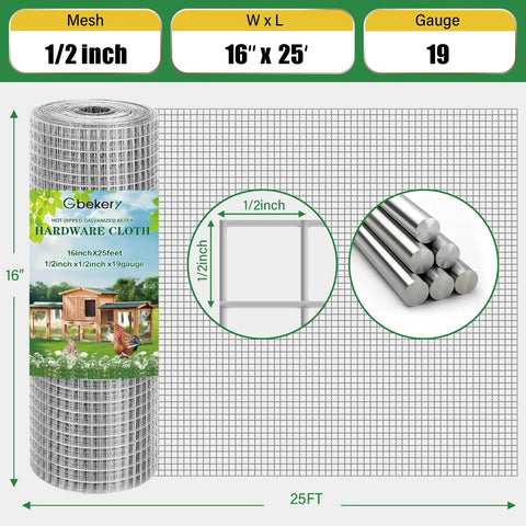 Heavy Duty Hardware Cloth Mesh Roll Half Inch Open, 16 Inch Wide By 25 Foot Long, 19 Gauge, Hot Dip Galvanized After Welding