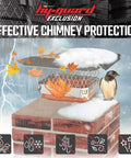 Bolt On Galvanized Steel Chimney Cover For Single Flue With Three Quarter Inch Mesh Fits Outside Clay Flue Tile Nine By Nine Inches Black Weatherproof Bird Debris Rain Snow Downdraft Protection on red brick chimney in rain with bird and leaves.