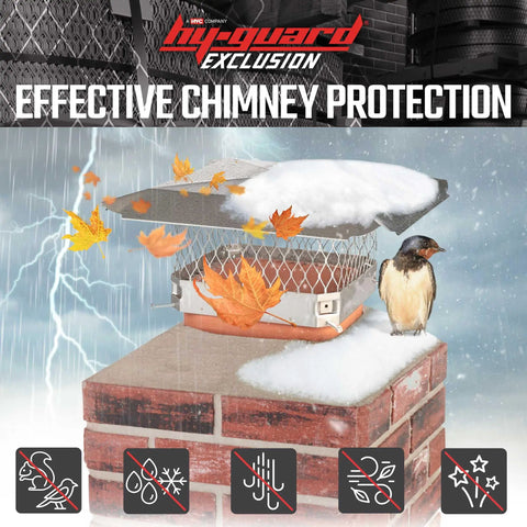 Bolt On Galvanized Steel Chimney Cover For Single Flue With Three Quarter Inch Mesh Fits Outside Clay Flue Tile Nine By Nine Inches Black Weatherproof Bird Debris Rain Snow Downdraft Protection on red brick chimney in rain with bird and leaves.