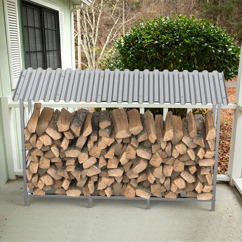 Heavy Duty Four Foot Firewood Rack With Weather Cover For Indoor And Outdoor Use Sturdy Metal Wood Storage Stand Keeps Dry Firewood Ready For Fireplace Or Fire Pit on porch