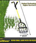Heavy Duty Rotary Cultivator For Gardening With Long Handle Workhorse Tiller in use for soil aeration and reseeding on lawn