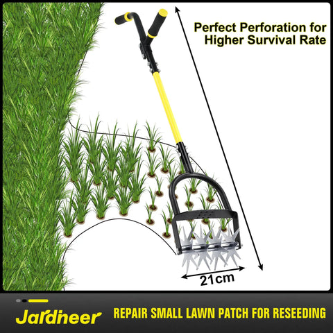 Heavy Duty Rotary Cultivator For Gardening With Long Handle Workhorse Tiller in use for soil aeration and reseeding on lawn