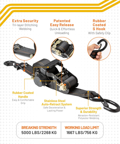 Heavy Duty Retractable Ratchet Straps 5000 Lbs Breaking Strength 2 Inch By 12 Foot showing rubber handle and safety hook details.