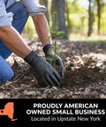 Man planting a young tree while wearing Heavy Duty 10 Mil Black Nitrile Work Gloves With Raised Diamond Grip, 1000 Count Bulk Kit.