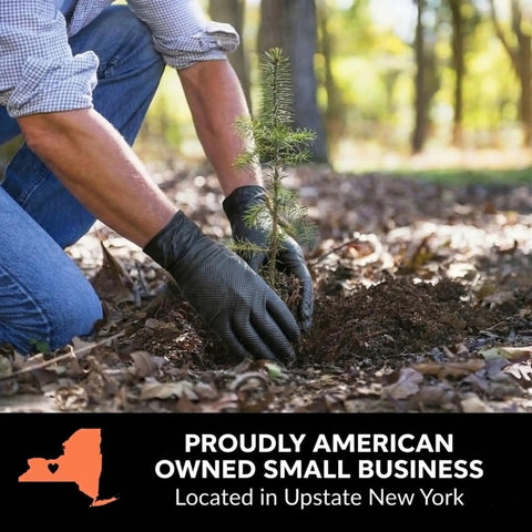 Man planting a young tree while wearing Heavy Duty 10 Mil Black Nitrile Work Gloves With Raised Diamond Grip, 1000 Count Bulk Kit.