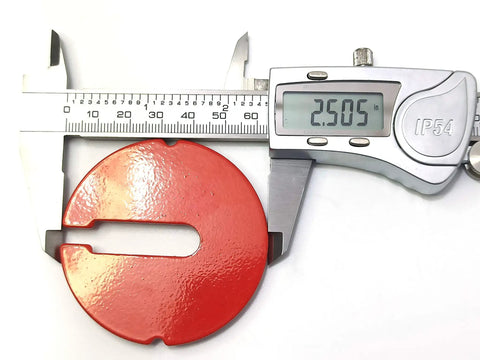 Caliper measuring 2.5 inch red table insert for 14-inch band or scroll saw, Table Inserts Set Of Three For 14 Inch Band Saws Or Scroll Saws, 2.5 Inch Diameter, 0.1 Inch Thick, Blade Protection Shield, Easy Fit But Please Measure Your Saw To Confirm Size, Works On Most 14 Inch Throat Plates.