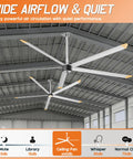 Industrial 144 Inch Aluminum Ceiling Fan Equipped With An Ultra Quiet Dc Motor And Five Heavy Duty Blades Delivering Kickin Airflow For Warehouses And Spacious Rooms In Sleek Silver Gray Finish, shown in a spacious warehouse.