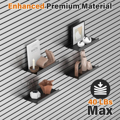 Six Piece 13x6 Inch Slatwall Shelves Set Heavy Duty Metal Slatwall Shelves For Retail Display Storage And Organization Black Finish Durable Steel Construction With Rust Resistant Painted Coating showing shelves with decorative items and 40 lb capacity icon.