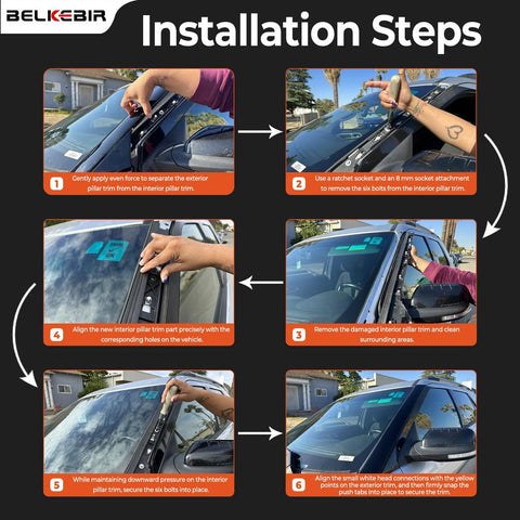 Belikebir A-Pillar trim molding windshield kit installation guide for Ford Explorer 2011–2019, six-step infographic