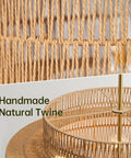 Close-up of Large Handwoven Rattan Chandelier For Dining Room Boho Chic Pendant Light With Gold Plated Cylinder Rod details.